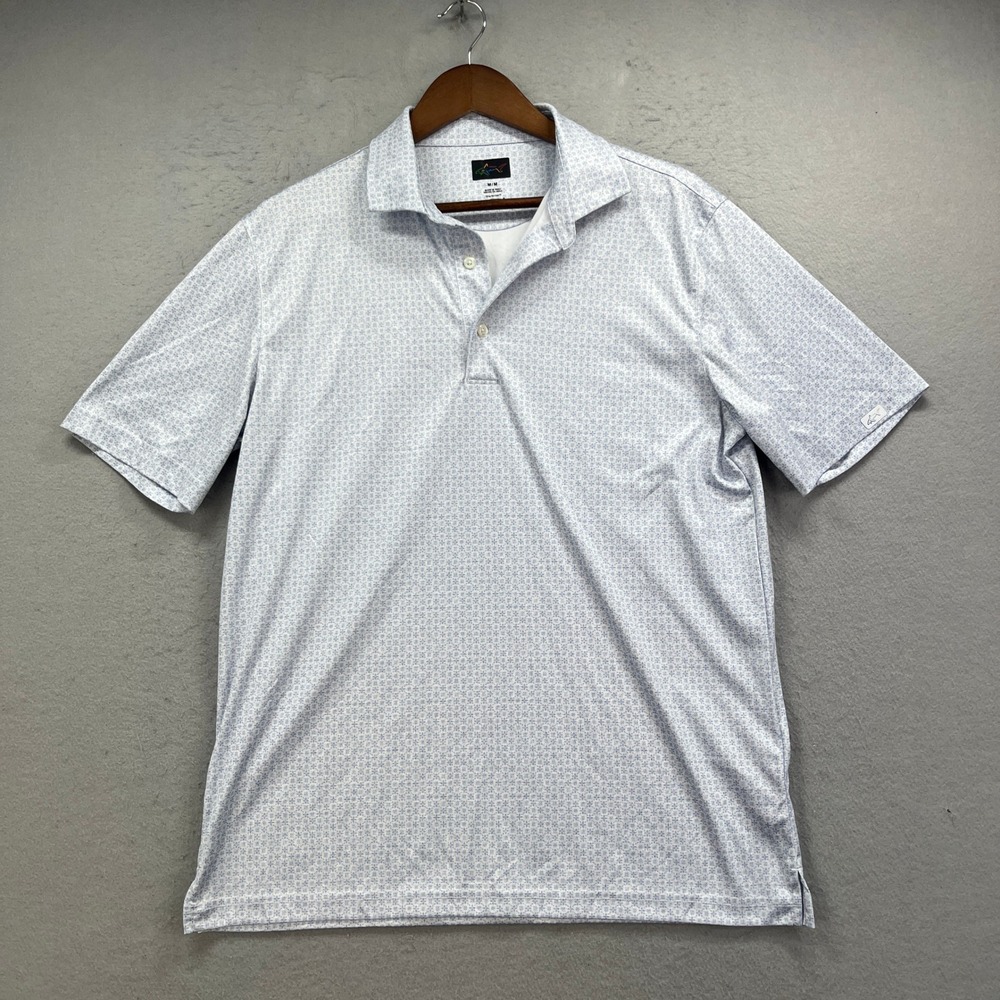 Greg Norman Polo Shirt Mens M Blue Play Dry Short Sleeve Geometric Golf Preppy